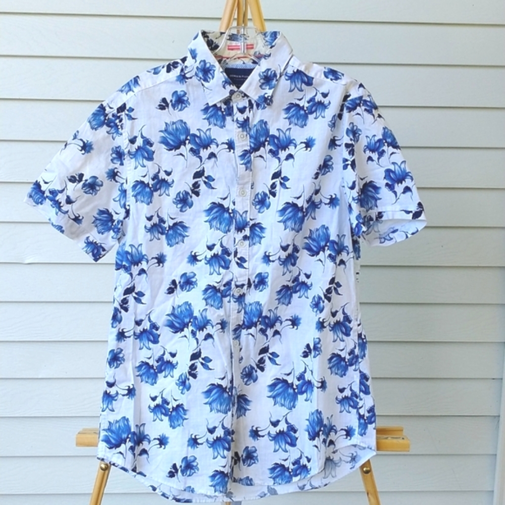 Denim & Flower Blue Floral Short Sleeve Cotton Button Down Size M